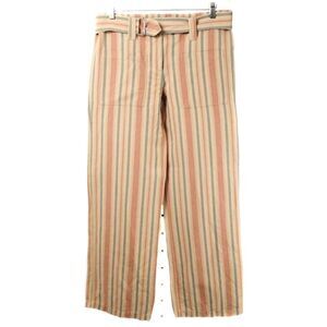 CALVIN KLEIN Tan & Red Vertical Striped Flax Belted Wide Leg Pants Size 2